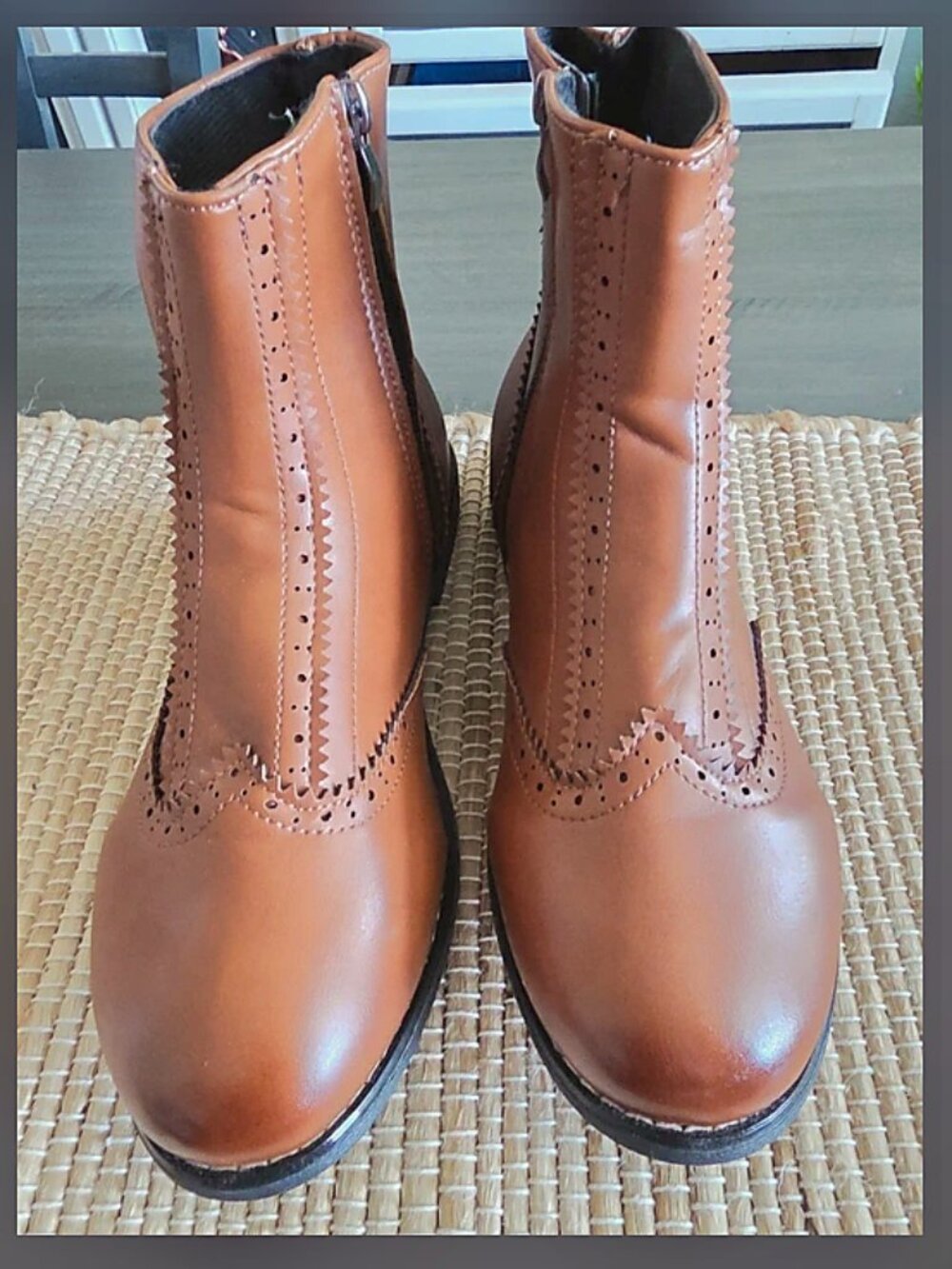 Brown Faux Leather Zip Ankle Boots 1" Block Heel Women’s Sz 8/8.5